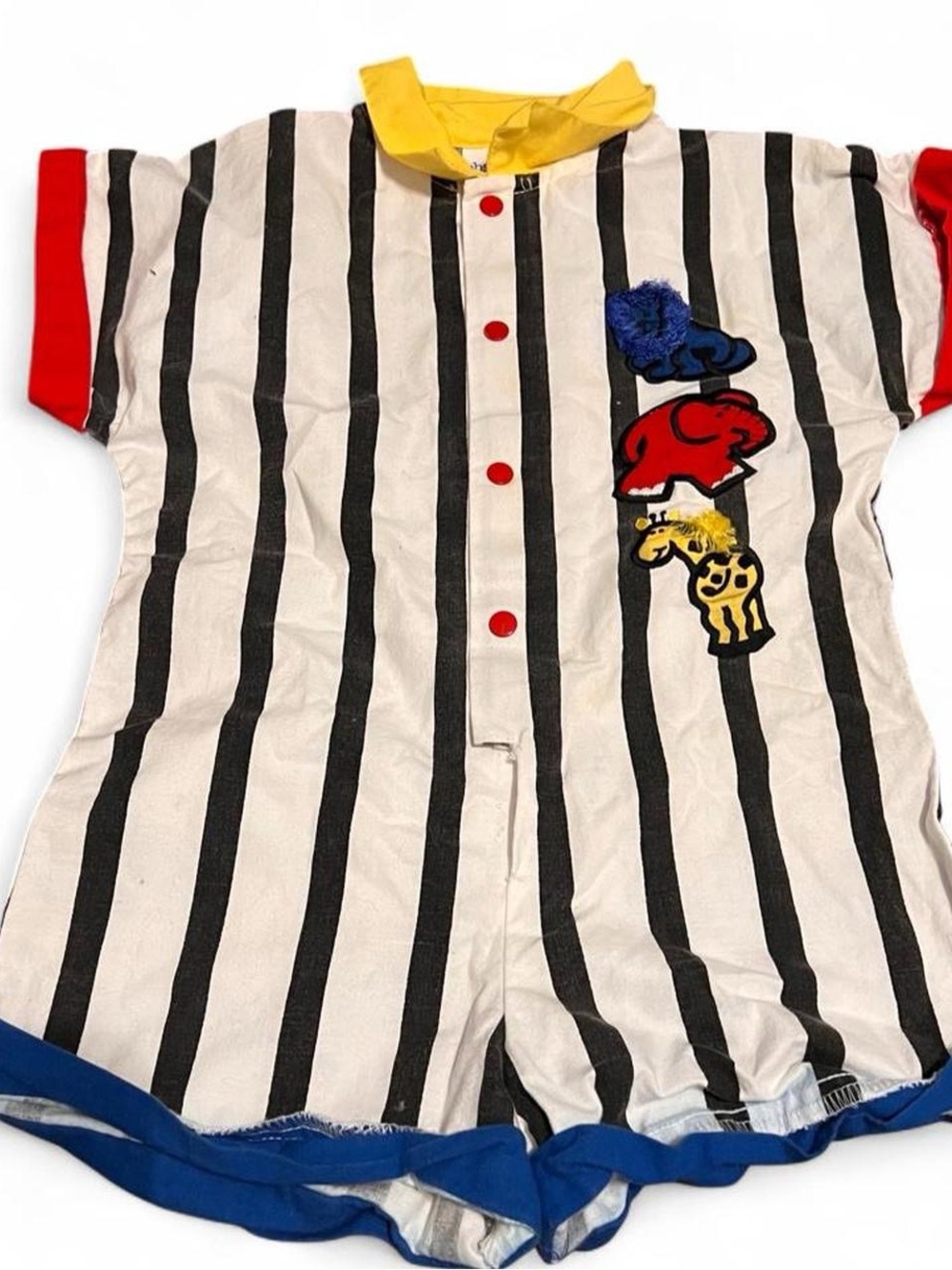 Vintage-Inspired Black & White Striped Romper with Colorful Animal Patches